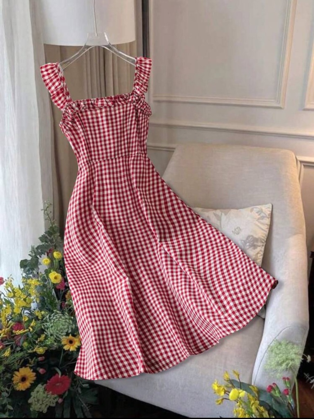 Red Gingham Midi Dress - Sleeveless Square Neck